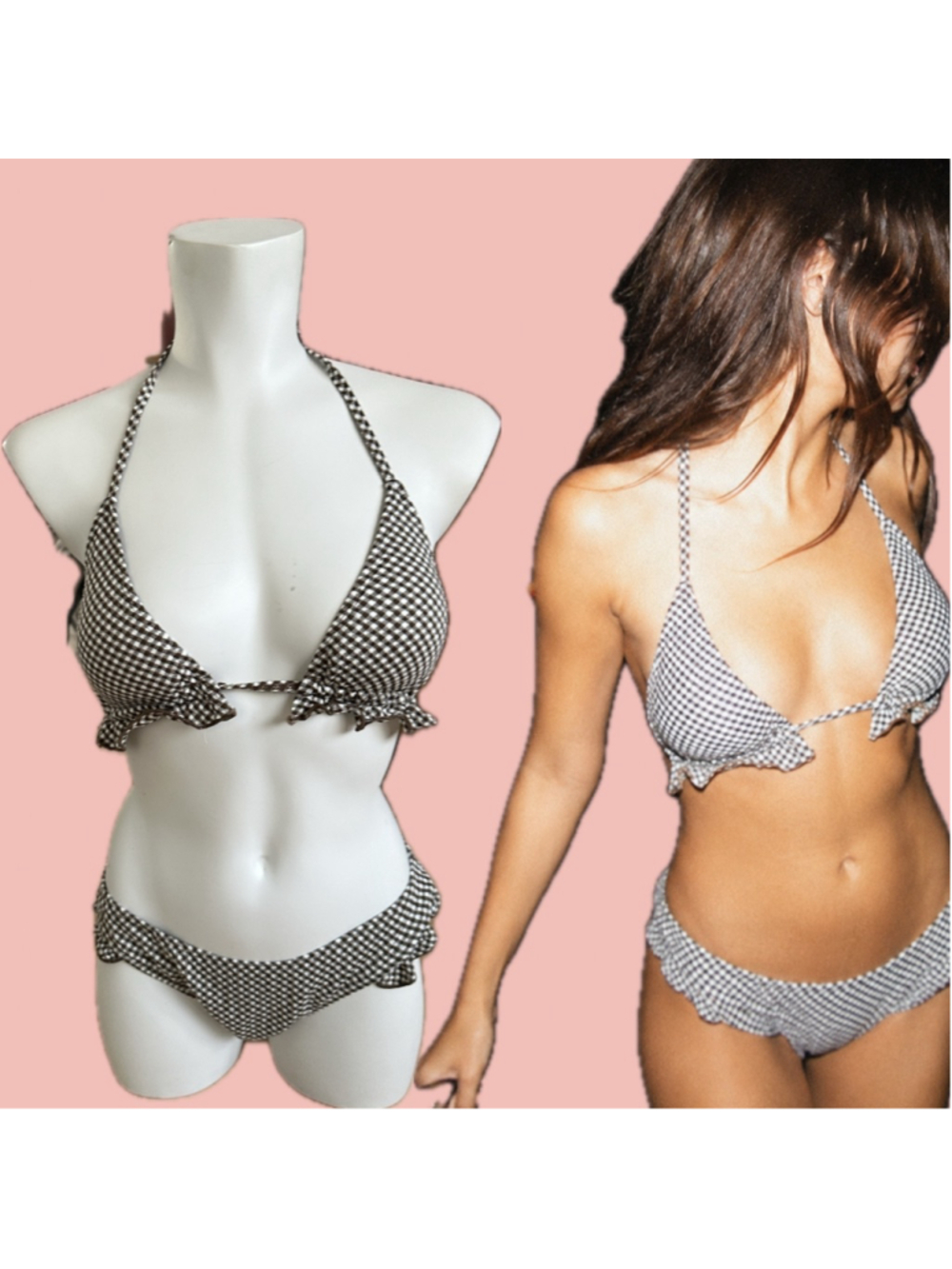Acalina Brown Gingham Textured Bikini Set Size L – Ruffle Trim Tie Triangle Swim